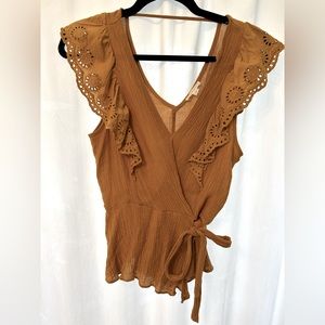 Twine & String Peplum Eyelet Ruffle Faux Wrap Blouse Mustard Yellow Size M